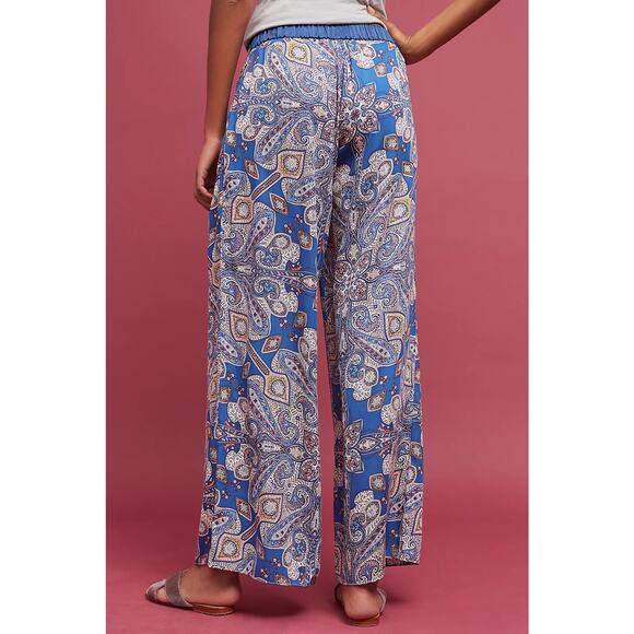 Anthropologie Elevenses Ines Blue Paisley Print Wide Leg Flowy Boho Pants Size L - Picture 2 of 15